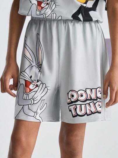 LOONEY TUNES X SHEIN Pantalones cortos deportivos informales para niño preadolescente con estampado de conejo de dibujos animados, color gris claro