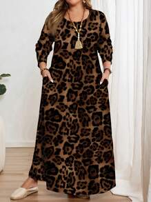 EMERY ROSE Casual Versatile Plus Size Leopard Print Long Sleeve Round Neck Dress, Suitable For Spring And Autumn And Winter Chic Dress - Multicolor - View 3