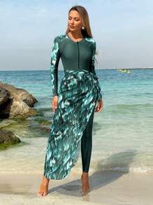 Swim Mulvari 1pc Women's Conservative Full Coverage One-Piece Swimwear, Tie-Dye Color Block, Green-Based, Suitable For Vacation - Multicolor - View 3