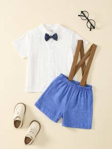 SHEIN 2Pcs/Set Young Boys Gentleman's Style Shirt Collar Bow Tie Decoration Versatile Solid Short Sleeve Top + Elastic Waist Straight Solid Outdoor Casual Shorts