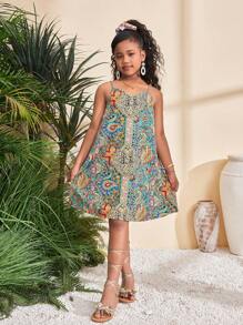 SHEIN Vestido de tirantes informal y minimalista, cómodo con estampado retro para niña preadolescente - Multicolor - Ver 1