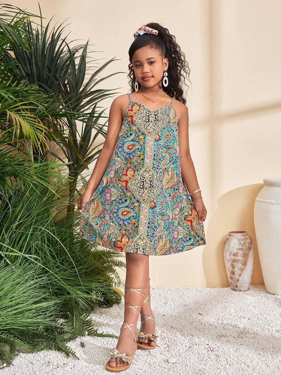 SHEIN Vestido de tirantes informal y minimalista, cómodo con estampado retro para niña preadolescente - Multicolor - Ver 1