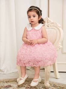 Baby Girls Pink Flower Applique Elegant Contrast Collar Sleeveless Midi A-Line Dress, Suitable For Outings, Birthdays, Parties, All Seasons - Pink - View 4