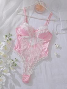 SHEIN 可爱、性感、透明缎面花卉蕾丝褶皱下摆、蝴蝶结女式连体裤、粉色、白色、音乐节 - 粉色 - 查看 6