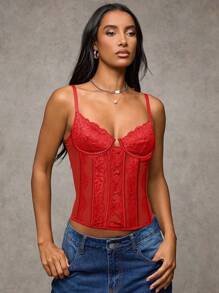 SHEIN BAE 女士性感蕾丝吊带背心，音乐会，女士高街百搭蕾丝，适合约会之夜、狂欢派对、生日派对、派对装扮、外出、圣诞节 - 紅色 - 查看 1