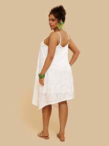 SHEIN VCAY Vintage Plus Size Holiday Casual Spring/Summer Boho Beach Sleeveless White Hollow Plant Floral Midi Dress For Women