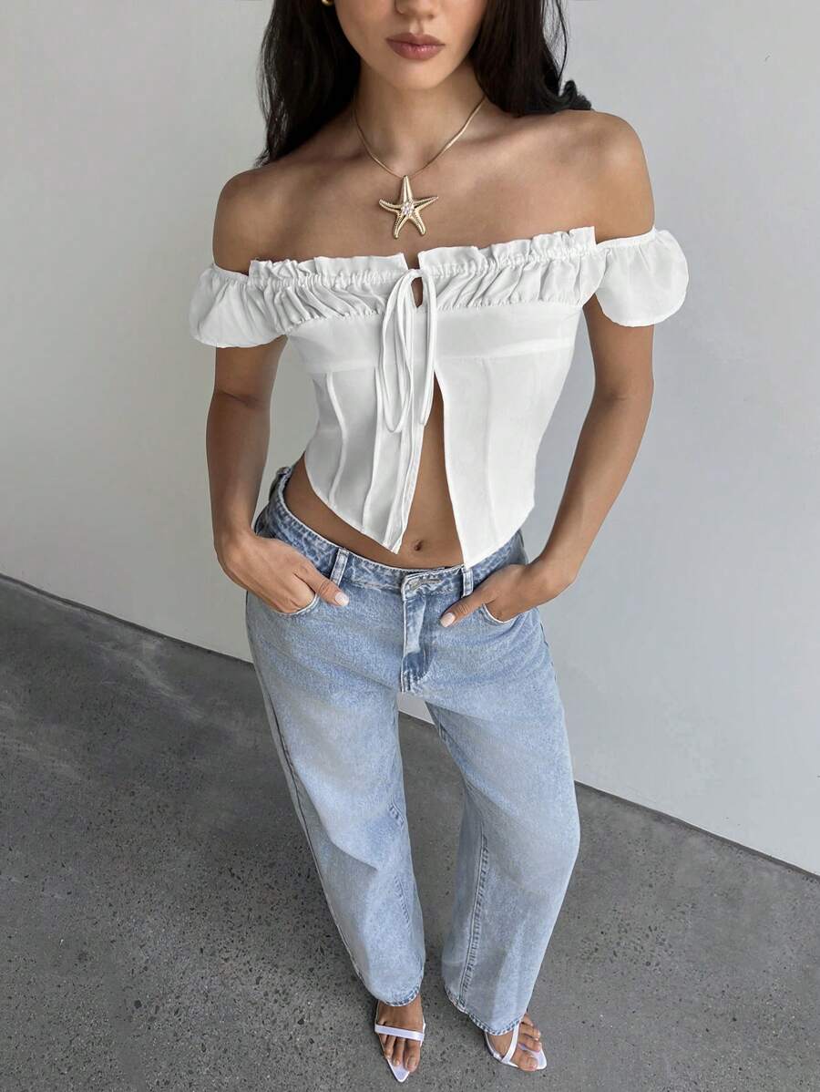 Aloruh Women's White Elegant Summer Vacation Holiday Off Shoulder Short Sleeve Blouse,Minimalist Fashionable Spring Crop Top Business Casual Y2k - White - View 1