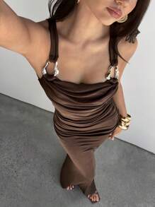 Aloruh Women's Tight-Fitting Lace Hollow Cutout Floral Print Brown Metal Buckle Maxi Dress With High Slit, Suitable For Spring/Summer Vacation