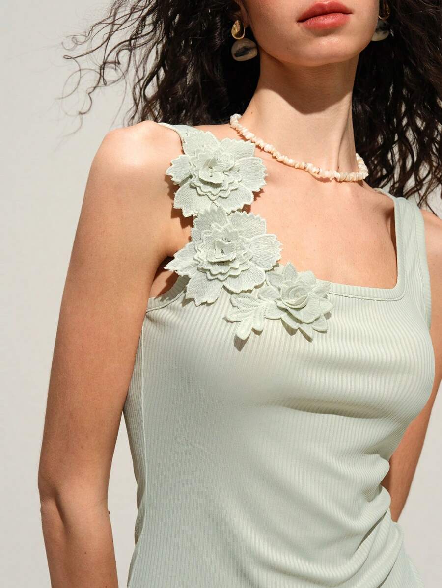 Chiquease Women's Basic Solid Color Spring/Summer Embroidered Applique Decor Square Neck Knit Tight Fitting Sleeveless Camisole Top,Summer Tops,Tank Top, - Green - View 1
