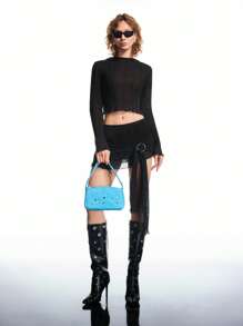 LYSMO Conjunto de dos piezas con volantes para mujer: Top de cuello alto de manga larga y falda en color negro