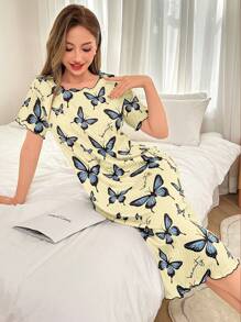 Dream Adore Camisón de manga corta con estampado de mariposas, minimalista y de moda, adecuado para el verano