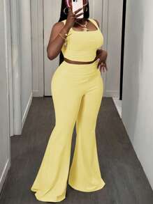 Slaydiva 大码女式两件套 - 无袖圆领短款背心和高腰褶饰喇叭裤，休闲运动装，杏色，春夏 - 黃色 - 查看 3