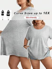 SHEIN CURVE+ Plus Size Women Plain Crew Neck Short Sleeve Casual Loose T-Shirt