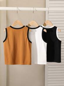 SHEIN 3 pièces/set Haut décontracté et confortable avec blocs de couleurs pour jeune garçon - Kaki - Voir 2