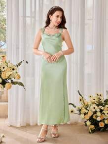 SHEIN Girlism 优雅荷叶边领口无袖开衩连衣裙，适合少女、婚礼/婚礼嘉宾/花童，薄荷绿 - 薄荷綠 - 查看 6