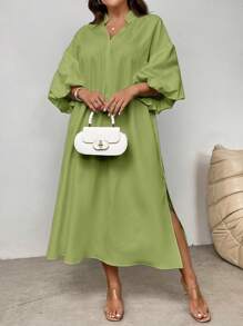 SHEIN Privé Plus Size Women's Elegant Vacation Beach Romantic Date Wedding Party Stand Collar Lantern Sleeve Mid-Length Loose Dress, Suitable For Summer - Green - View 1