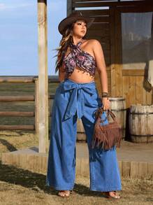 SHEIN LUNE Plus Size Women Loose Elastic Waist Casual Wide Leg Tie-Up Vacation Jeans - Blue - View 5