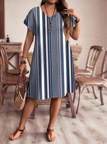 EMERY ROSE Plus Size V-Neck Raglan Sleeve Casual Dress, Suitable For Summer,Summer Outfits For Women / Summer / Summer Clothes,Boho Women Clothing