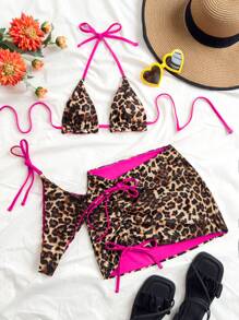 Soleia Set de 3 piezas de bikini para mujer con estampado de leopardo y color rojo, ideal para vacaciones