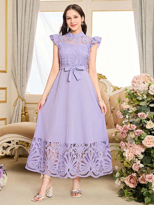 Teen Girls Elegant Summer Dress, Featuring Light Purple Color, 3D Lace Cutout & Classic 3D Texture Woven Fabric, Waist Ribbon Bow, Cap Sleeves, Full Length Silhouette, Perfect Shaping, Suitable For Party, Event, Cocktail Or Daily Wear,Holiday,Summer,Travel