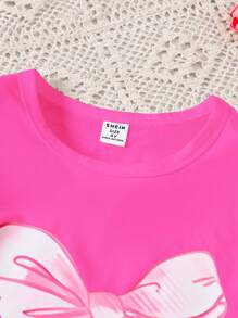 Set da 2 pezzi per ragazze: maglietta a maniche corte con stampa a farfalle e pantaloni in jeans con decorazione a farfalla, completo casual estivo - Fucsia - Visualizzare 5