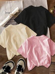 SHEIN Tween Girls Casual Cartoon Print Multiple Pieces T-Shirts, Suitable For Summer