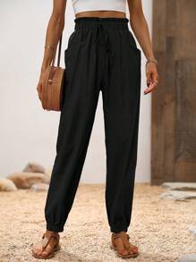 Breezaya Women's Plain Color Simple And Fashionable Casual Pants, Suitable For Summer Fall Cloth For Women - Black - View 3