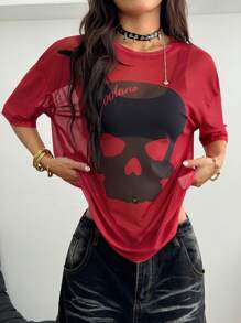 Coolane Áo lưới phối cảnh in chữ thời trang đường phố Grunge mùa xuân/hè cho lễ hội âm nhạc dành cho nữ - Đỏ - Xem 2