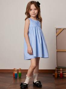 PrepCrw Young Girls' Spring/Summer Pleated Sleeveless Round Neck Blue Woven Dress - Blue - View 5