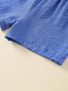 SHEIN 2Pcs/Set Young Boys Gentleman's Style Shirt Collar Bow Tie Decoration Versatile Solid Short Sleeve Top + Elastic Waist Straight Solid Outdoor Casual Shorts