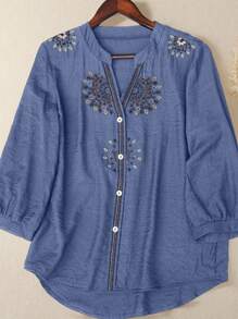 EMERY ROSE Women Plus Size Floral Embroidered V-Neck Long Sleeve Loose Blouse - Navy Blue - View 4