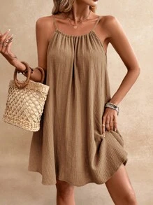 Poéselle 夏季女式吊带波西米亚风太阳裙，必备款，夏季服装，婚礼季节必备款，Cottagecore 抽绳连衣裙太阳裙女式连衣裙 - 咖啡棕 - 查看 2