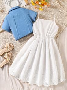 SHEIN مجموعة قطعتين تصميم قصير أكمام قميص وفستان برقبة محبوكة للفتيات المراهقات بتأثير جينز - متعدد الألوان - مشاهدة 2