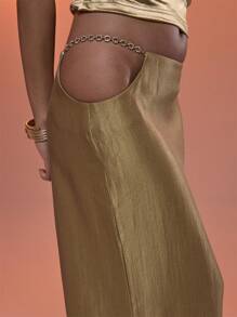 MUSERA 露腰金色链条装饰缎面长裙，性感伊比沙岛风情，适合夏季度假海滩优雅晚宴派对 - 金色 - 查看 5