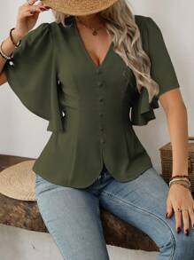 SHEIN Clasi Áo cánh chữ A dáng chữ A thanh lịch kiểu Pháp đi làm thường ngày cho nữ mùa xuân và mùa hè, màu trơn, cổ chữ V, cài nút, trang trí, tay loe, eo bó - màu xanh lá - Xem 4