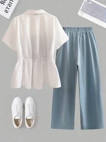 SHEIN Essnce Plus-Size Women's Casual Comfort Suit, Women's Summer Two-Piece Suit, Short Sleeve Suit, Blue Suit,Vacation Two Piece Set Summer Outfits For Women