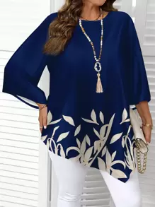 EMERY ROSE Plus Size Casual Minimalist Navy Blue All-Over Print Shirt, Spring/Autumn And Winter Chic Blouses For Women - Multicolor - View 5