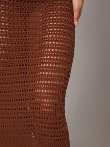 Silquee Women's Chic Coffee Brown Crochet Midi Dress,Autumn Vacation Holiday Hollow Out Wave Lace Open Back Spaghetti Strap Fitted Bikini Cover Up - Ginger - View 8
