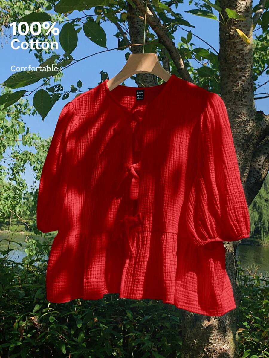 Comfortcana 亚麻雪纺圆领泡泡袖系带女式衬衫