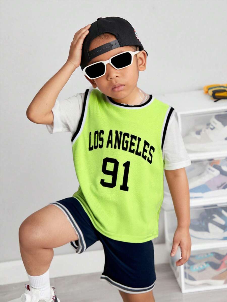 3pcs Kid Boys Casual Versatile Solid Color Loose Round Neck Short Sleeve T-Shirt,Letter Print Sleeveless Knit Vest,Shorts 3-Piece Set,Summer School - Multicolor - View 1
