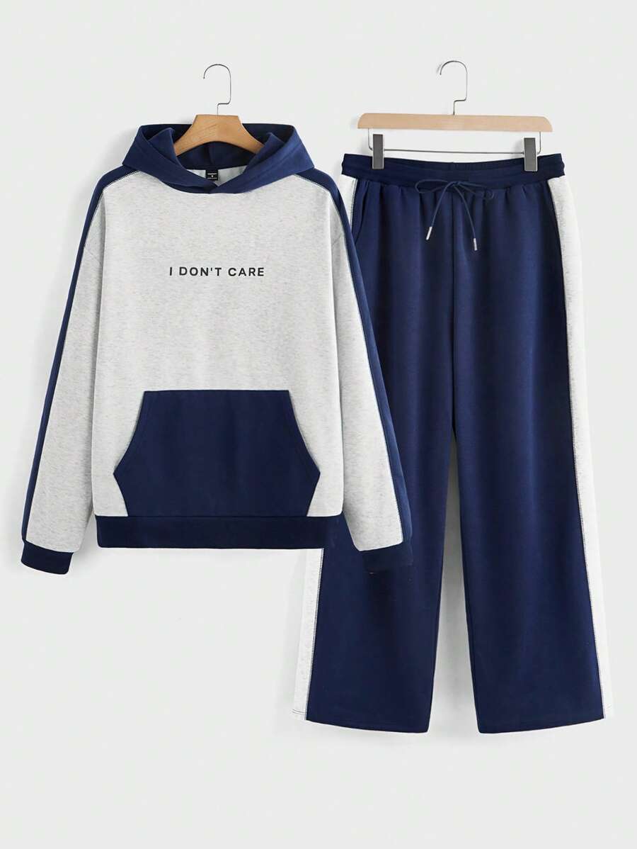 Manfinity VCAY 2 Pieces Set Unisex Loose Drop Shoulder Patchwork Hoodie And Drawstring Waist Straight Leg Pants Sweatsuit, For Fall Winter - Multicolor - View 1
