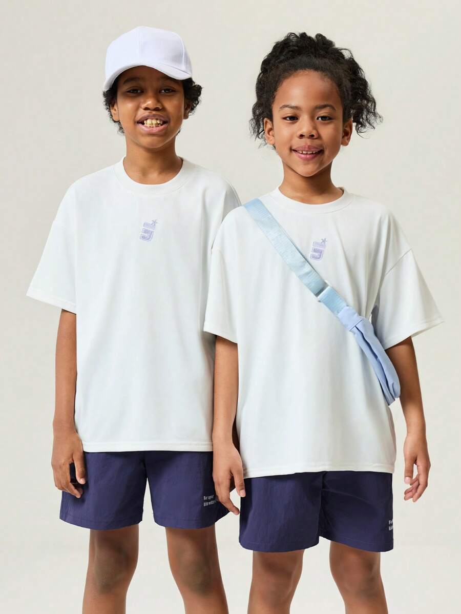 返校休闲运动短袖短裤套装，儿童圆领拼接撞色3D字母刺绣休闲运动短袖T恤套装 - 彩色 - 查看 1