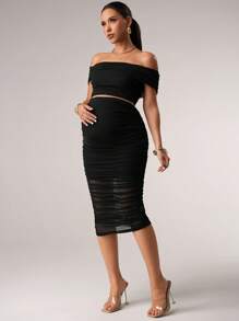 MaterniChic 2pcs/Set Maternity Off Shoulder Crop Top & Ruched Skirt Set Baby Shower Summer Outfits - Black - View 6