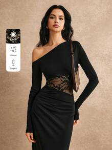 Poéselle Vestido largo elegante para mujer con hombro oblicuo de manga larga, parche de encaje de unicolor, vestido para fiesta, vestido de verano para mujer, vestido para té - Negro - Ver 7