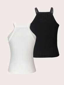 SHEIN EZwear 2 piezas Top de tirantes unicolor tejido de canalé - Blanco y Negro - Ver 2