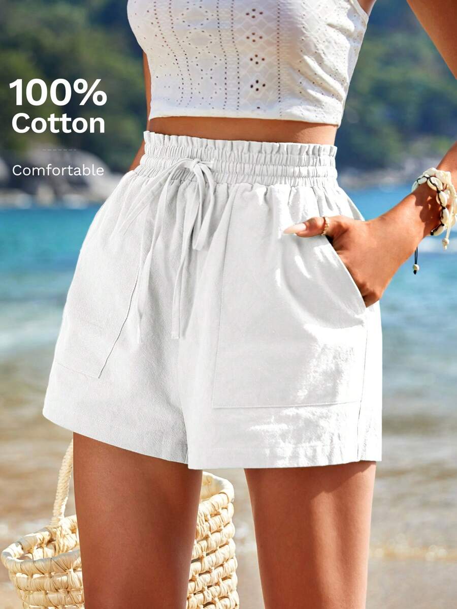 Vivid Eden Ladies Drawstring Waist Shorts,Summer Clothing,Vacation Style,For Beach Vacation - White - View 1