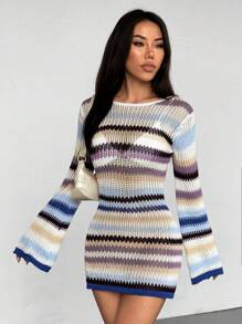 Flirla Morandi Color Blocking Boat Neck Fitted Backless Sexy Bell Sleeve Sweater Dress, Spring/Summer