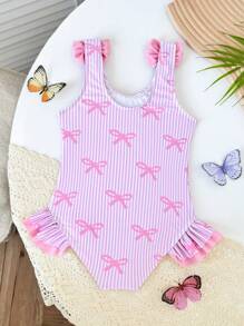 SHEIN Little Girls Print One-Piece Swimsuit With Ruffles - Pink - View 2