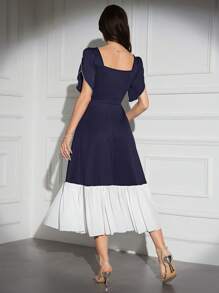 Modelyn Women's Color Block Square Neck Short Sleeve Summer Dress Long Evening Dresses - Navy Blue - View 2