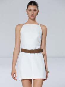 SHEIN Privé Minimalist Slim Strap Cold Shoulder Straight Fitted Short Spaghetti Strap Dress With Wide Belt, Commuter Style - White - View 3